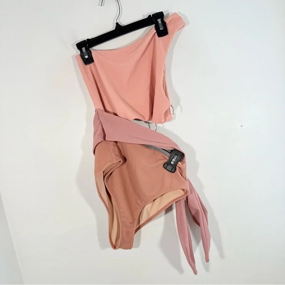 Beach Riot Carlie Blush Pink Ribbed One Shoulder Side Tie One Piece Swim Medium - Picture 2 of 13
